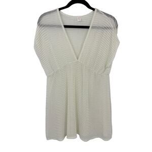 Tropical Escape Mesh Beach Cover up Tunic top size Large White V Neck Pullover